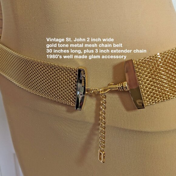 Vintage St. John 2" wide gold tone metal mesh chain belt, 30" long + 3" extender